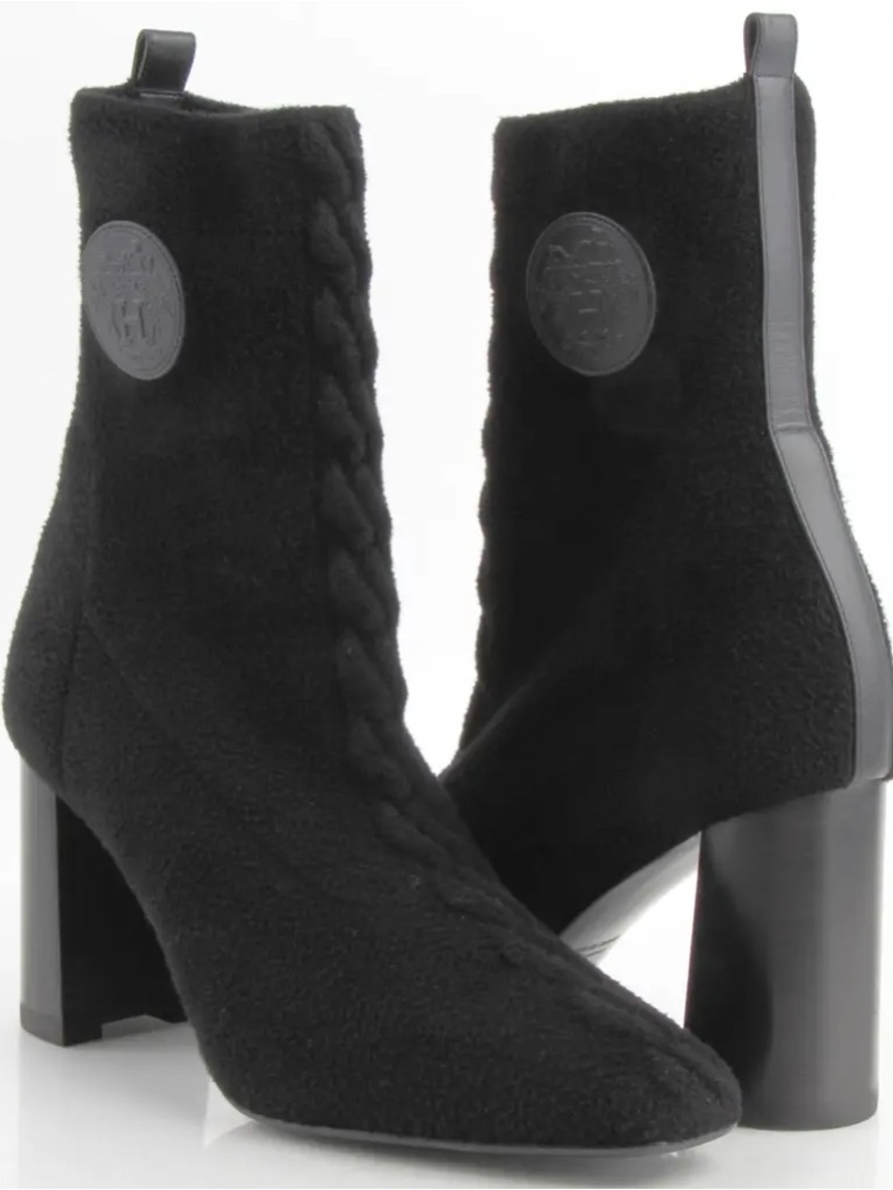 Hermes Black Wool Cable-Front Mid-Calf Heeled Boots